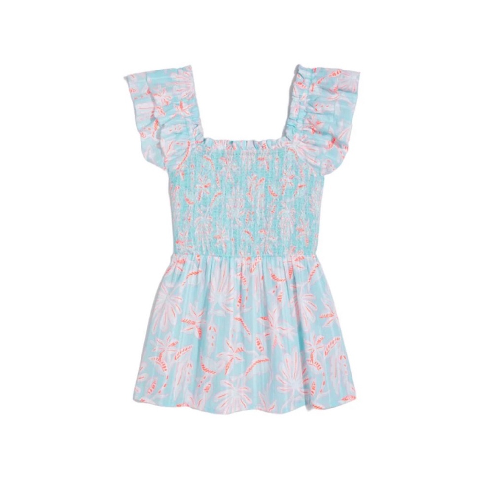 Vineyard Vines Aqua and Coral Smocked Top